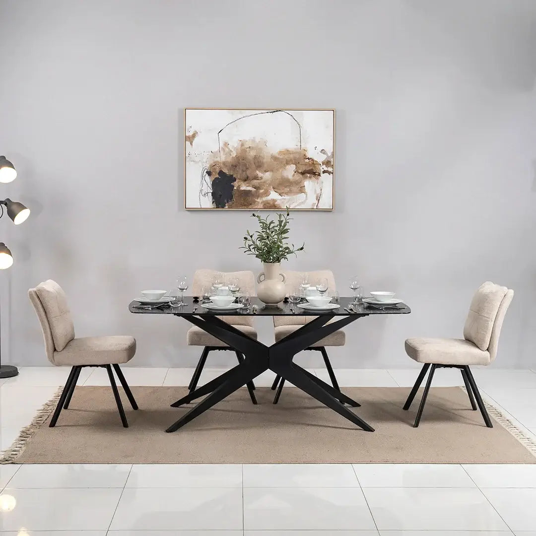 6-Seater Glass Top Dining Set – Black & Beige