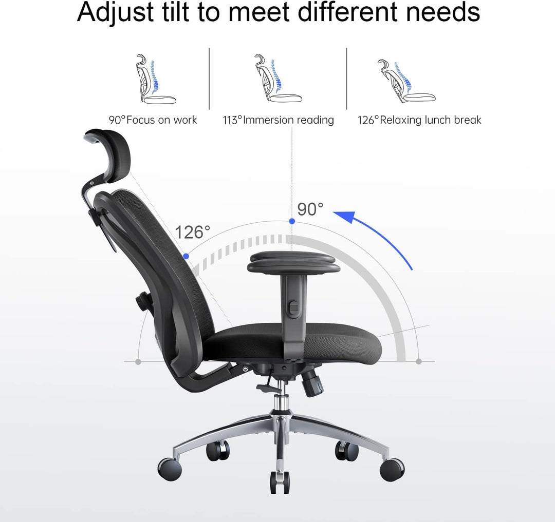 Ergonomic Desk Chair, Swivel Chair With Adjustable Lumbar Support, Headrest And Armrest, Height Adjustment and Rocker Function, Back-Friendly Office Chair, Load Capacity: up to 150 kg