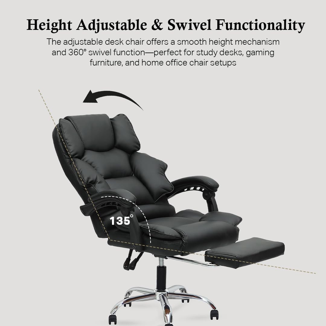 Executive Office Gaming Chair PU Leather 360° Swivel Desk Chair, High Back & Adjustable Height Computer Table Chair, Soft Foam Gaming Study Chair Lumbar Support with Footrest (Black)