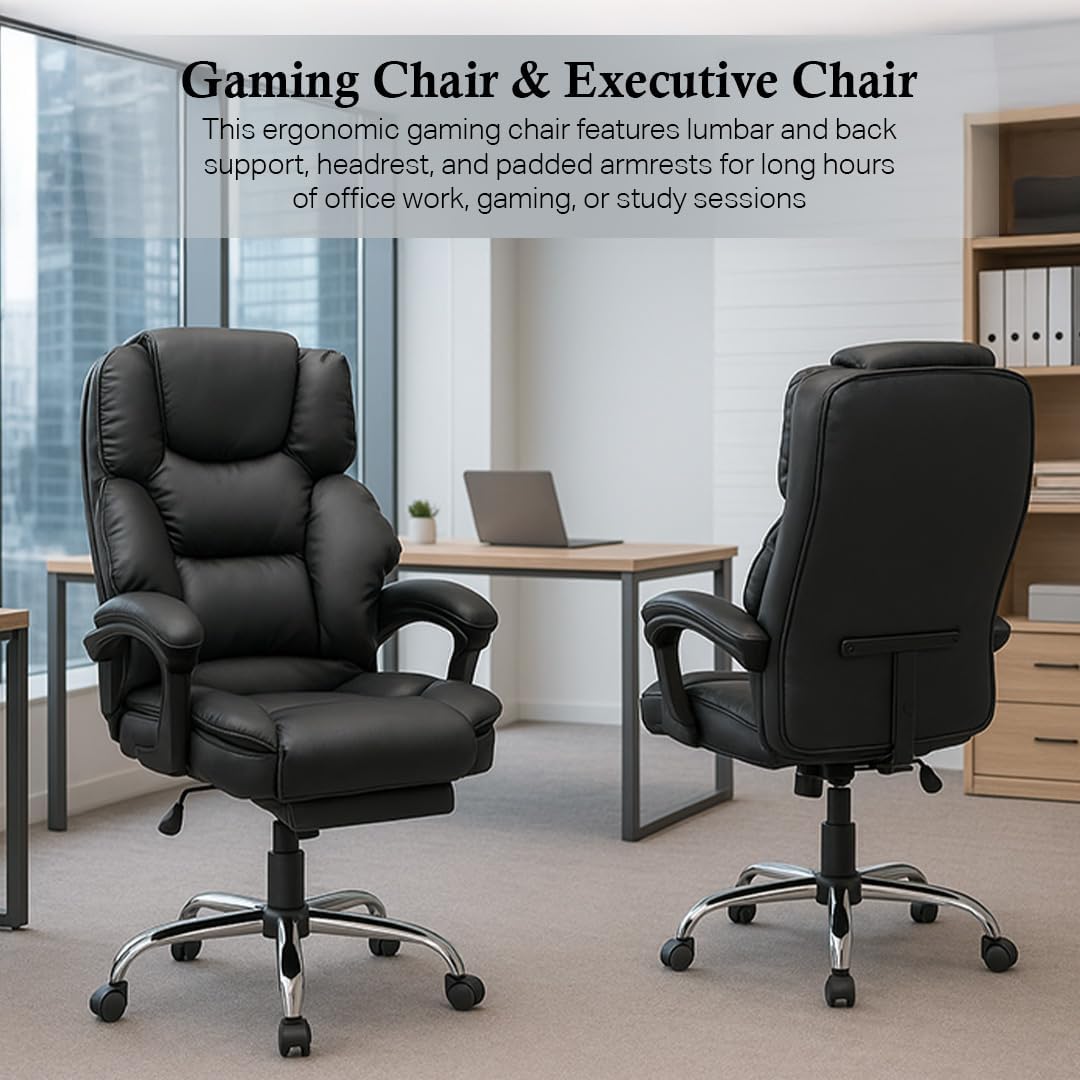 Executive Office Gaming Chair PU Leather 360° Swivel Desk Chair, High Back & Adjustable Height Computer Table Chair, Soft Foam Gaming Study Chair Lumbar Support with Footrest (Black)