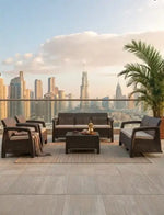 Load image into Gallery viewer, 7-Seater Outdoor Sofa Set, Dark Brown Plastic with Rattan Design Modern Style, Beige Cushions and Coffee Table, Ideal for Gardens, Patios, Balconies, and Poolside Areas