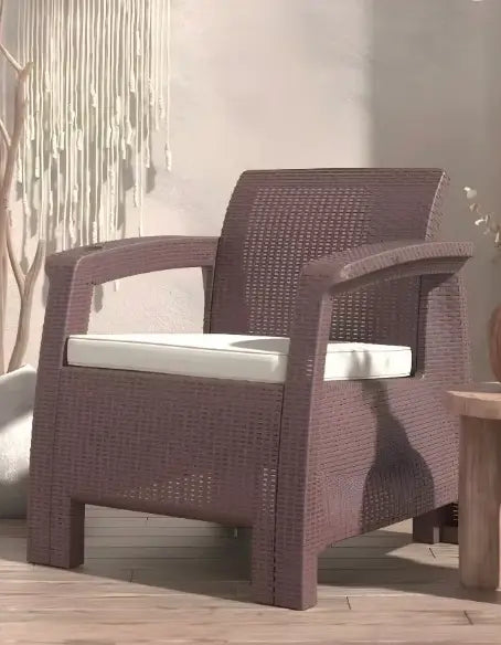 7-Seater Outdoor Sofa Set, Dark Brown Plastic with Rattan Design Modern Style, Beige Cushions and Coffee Table, Ideal for Gardens, Patios, Balconies, and Poolside Areas