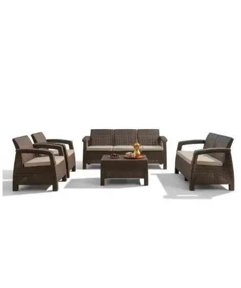 7-Seater Outdoor Sofa Set, Dark Brown Plastic with Rattan Design Modern Style, Beige Cushions and Coffee Table, Ideal for Gardens, Patios, Balconies, and Poolside Areas