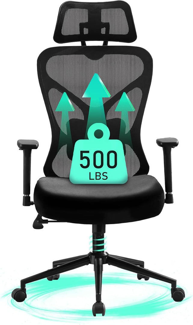 Big and Tall Office Chair 500 lbs – Ergonomic Desk Chair with Adjustable Lumbar Support, 2D Headrest, 3D Armrests, Extra Thick Cushion & Spring Seat (Black)