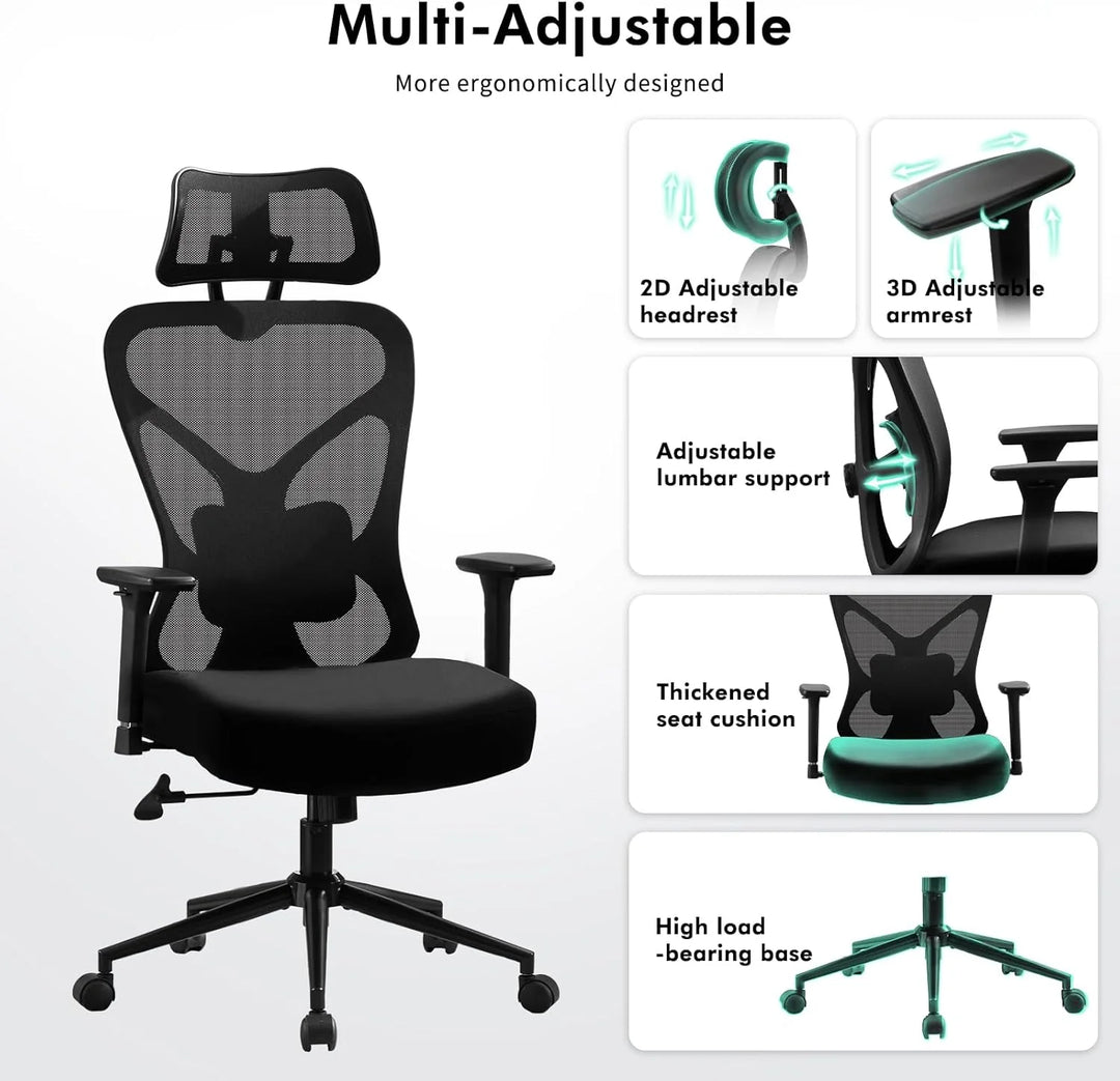 Big and Tall Office Chair 500 lbs – Ergonomic Desk Chair with Adjustable Lumbar Support, 2D Headrest, 3D Armrests, Extra Thick Cushion & Spring Seat (Black)
