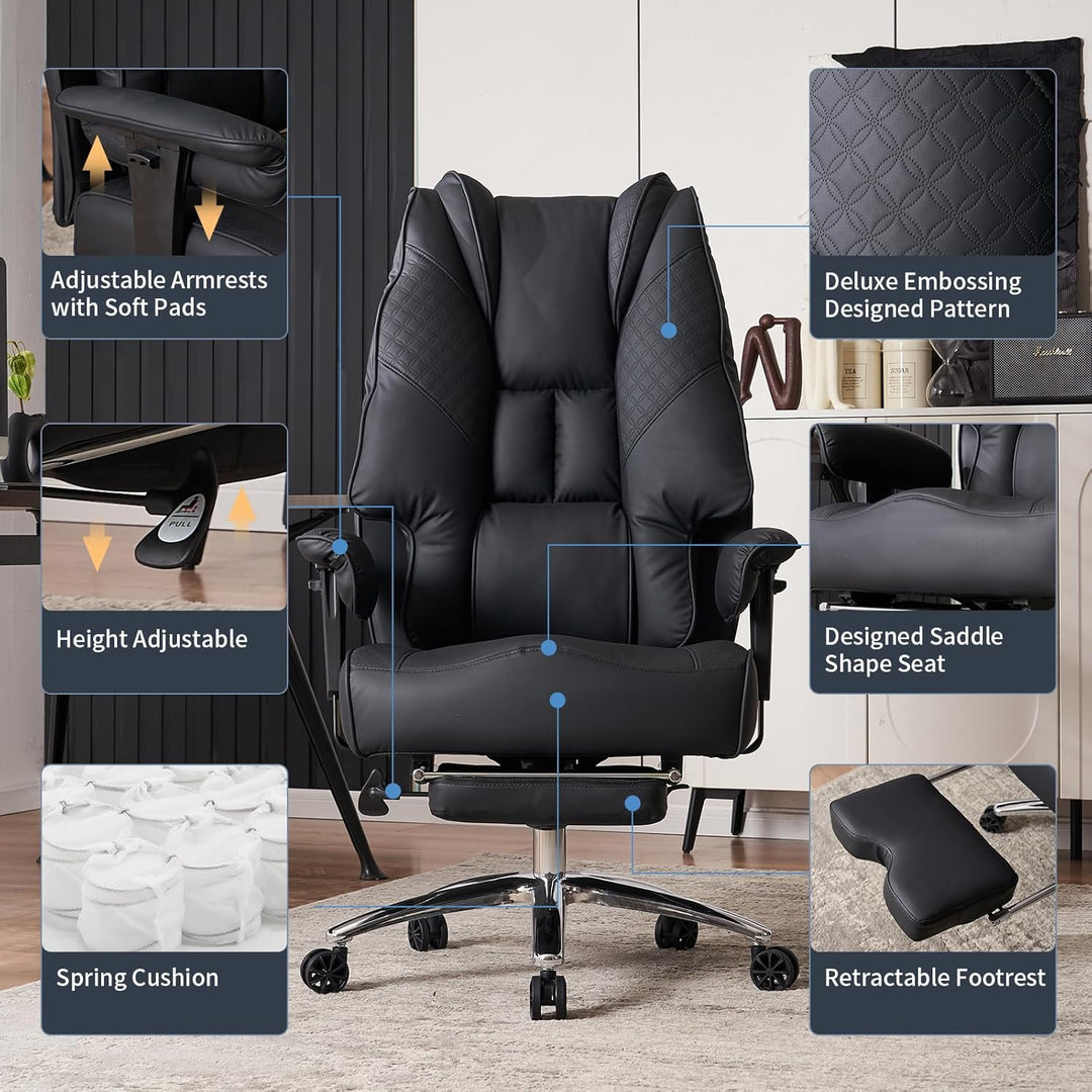 Big and Tall Office Chair 400lbs Wide Seat, Leather High Back Executive Office Chair with Foot Rest, Ergonomic Chairs Lumbar Support for Lower Back Pain Relief (Black)
