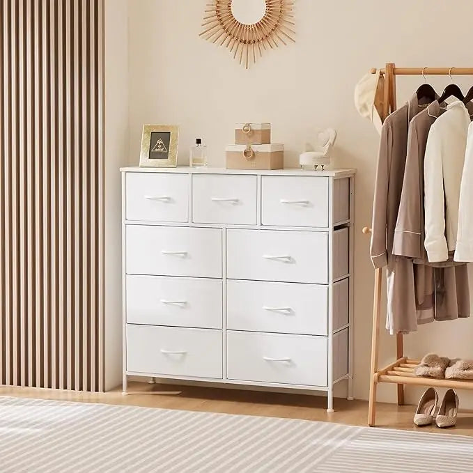 9-Drawer Fabric Storage Dresser – Storage Cabinet for Bedroom or Living Room (White)
