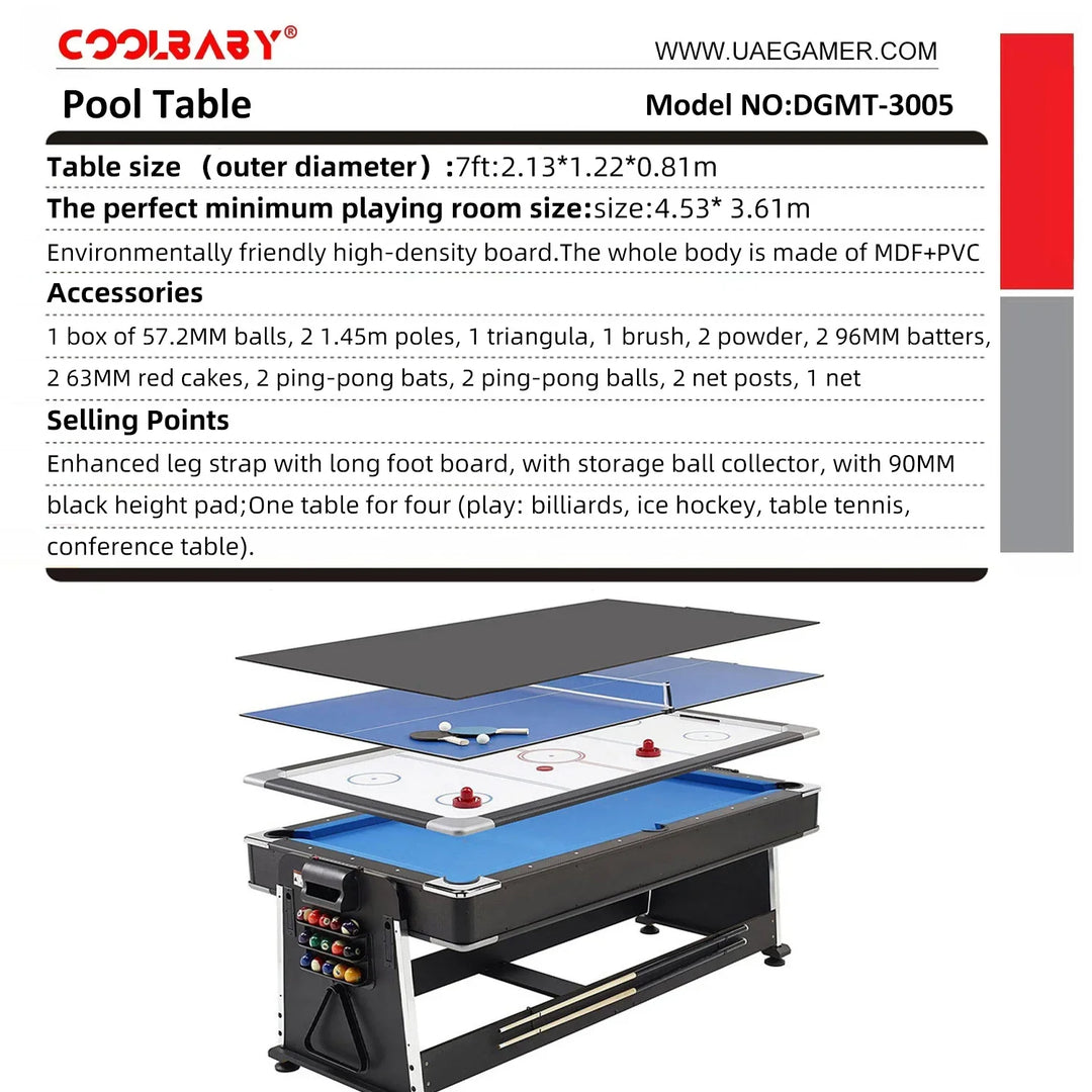4 in 1 DGMT-3005 7ft Blue Pool Table Billiard + Air Hockey + Tennis Table-GCC Home Center