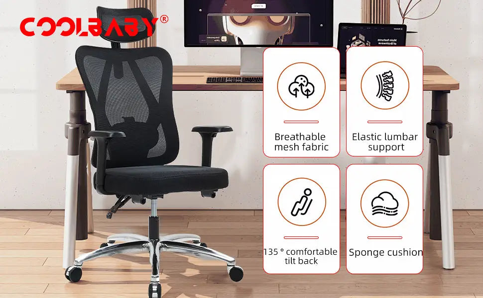 Ergonomic Office Chair – High Back Desk Chair with Adjustable Lumbar Support 3D Metal Headrest and Armrests – 130°