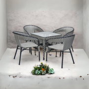 Modern Rattan Dining Set - 1 Round Table with Black Glass & 4 Chairs, Perfect for Home, Kitchen, or Office Spaces-GCC Home Center