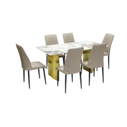 Modern 7-Piece Dining Set with Dark Marble Table & Beige Faux Leather Chairs - Elegant Gold Metal Base-GCC Home Center