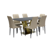 Modern 7-Piece Dining Set with Dark Marble Table & 6 Faux Leather Chairs - Gold Metal Base & Minimalist Design-GCC Home Center