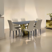 Modern 7-Piece Dining Set with Dark Marble Table & 6 Faux Leather Chairs - Gold Metal Base & Minimalist Design-GCC Home Center