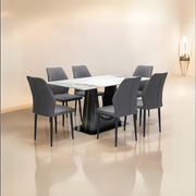 Modern 7-Piece Dining Set with Dark Marble Table & Beige Faux Leather Chairs - Elegant Gold-Toned Base-GCC Home Center