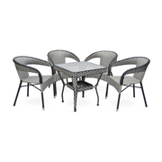 Modern Rattan Dining Set - 1 Round Table with Black Glass & 4 Chairs, Perfect for Home, Kitchen, or Office Spaces-GCC Home Center
