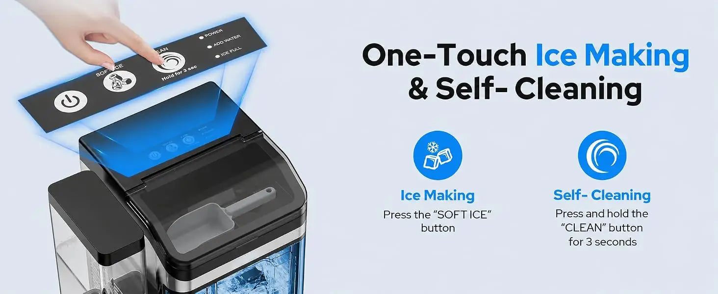 Portable Countertop Nugget Ice Maker Machine with Self-Cleaning Dual Water Tank Quiet 45dB Compressor 38lbs Daily Ice