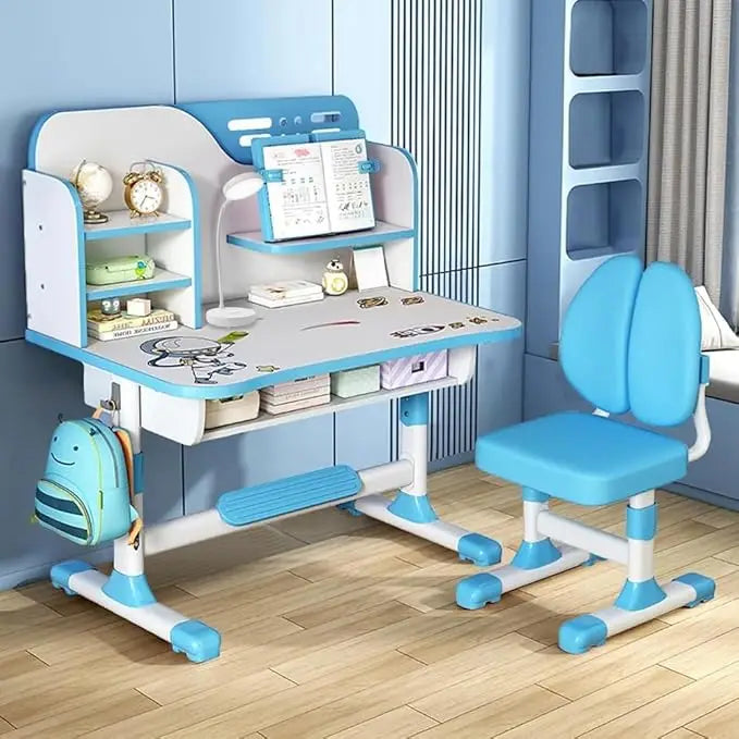 Adjustable Kids Study Learning Desk and Chair Set With Bookshelf, Drawer Storage, Shelves, Table Lamp & Fun Stickers
