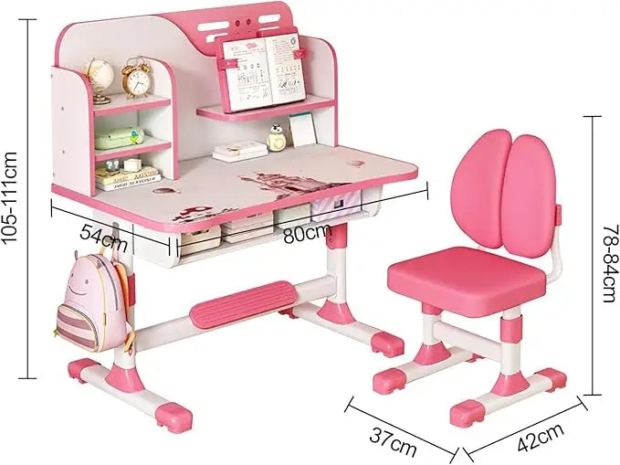 Adjustable Kids Study Learning Desk and Chair Set With Bookshelf, Drawer Storage, Shelves, Table Lamp & Fun Stickers