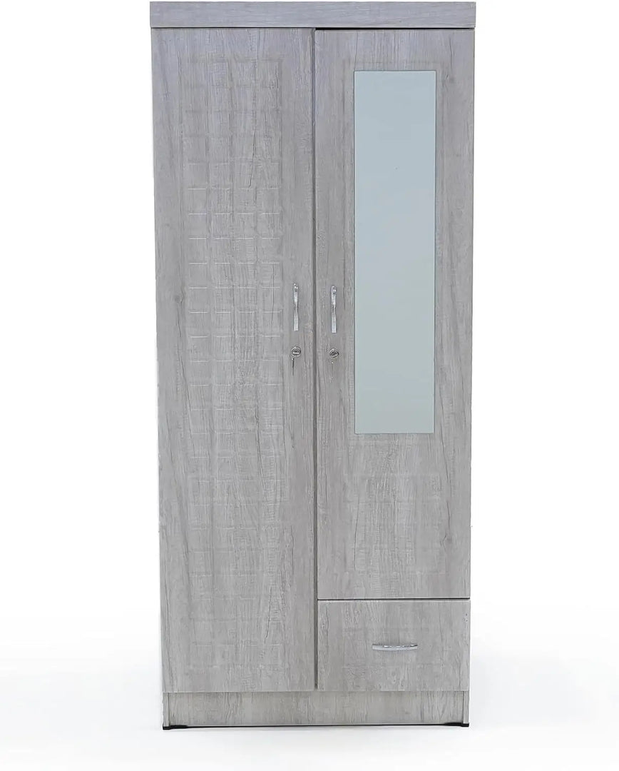 ALWASIT HOME Mehruddin 2 Door Wooden Wardrobe With Mirror with One Lockable Drawer (Without assembly, White)-GCC Home Center
