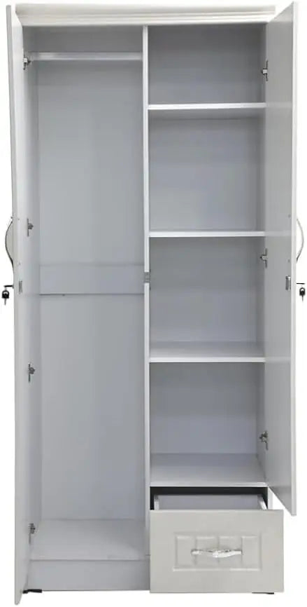 ALWASIT HOME Mehruddin 2 Door Wooden Wardrobe With Mirror with One Lockable Drawer (Without assembly, White)-GCC Home Center