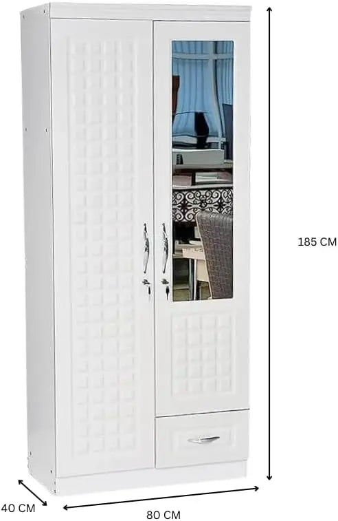 ALWASIT HOME Mehruddin 2 Door Wooden Wardrobe With Mirror with One Lockable Drawer (Without assembly, White)-GCC Home Center