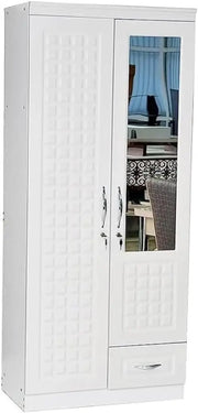 ALWASIT HOME Mehruddin 2 Door Wooden Wardrobe With Mirror with One Lockable Drawer (Without assembly, White)-GCC Home Center