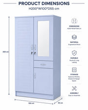 Arabian Mall 2-Door White Wooden Wardrobe with Mirror, Drawer, & Security Lock
