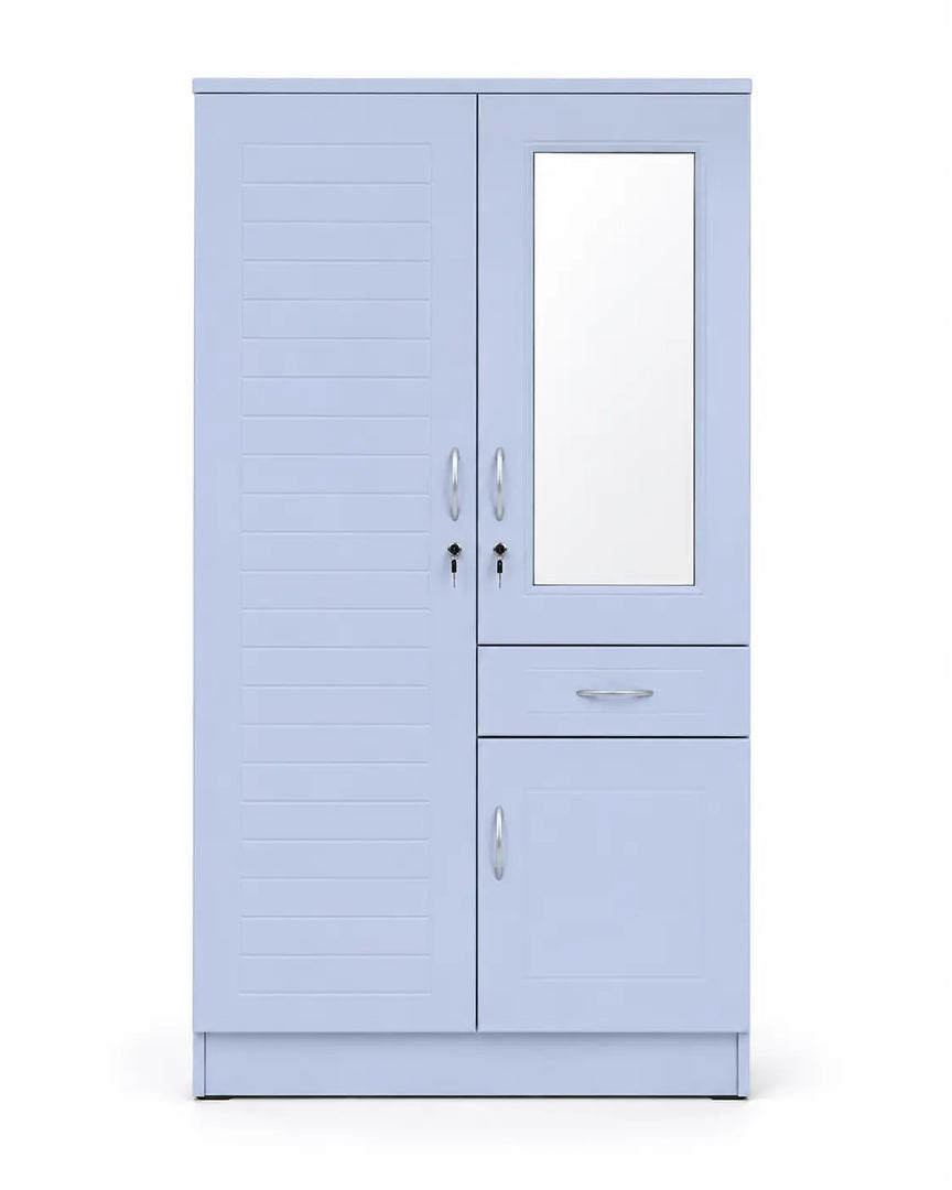 Arabian Mall 2-Door White Wooden Wardrobe with Mirror, Drawer, & Security Lock