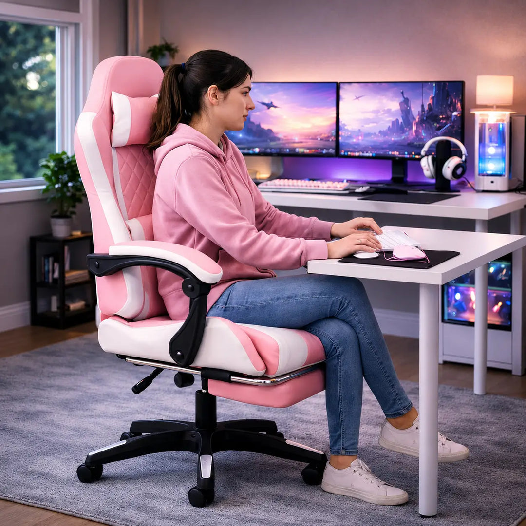 Arabian Mall Ergonomic Gaming Chair – White & Pink PVC Leather Recliner with Footrest