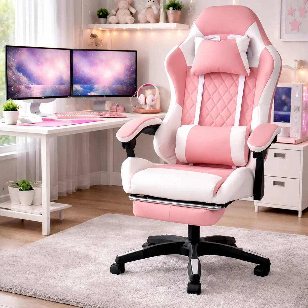 Arabian Mall Ergonomic Gaming Chair – White & Pink PVC Leather Recliner with Footrest
