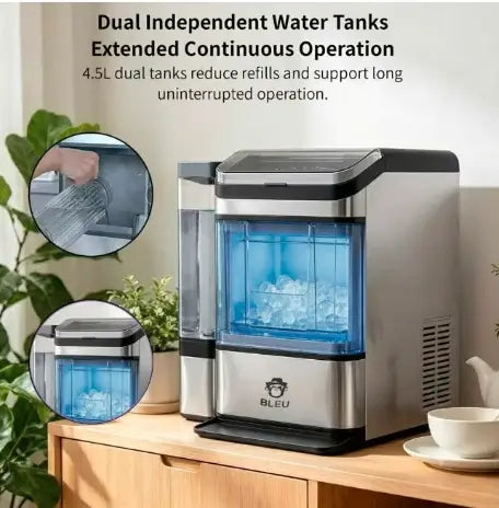 Automatic Countertop Nugget Ice Maker Machine with Chewable Pellet Ice, Self-Cleaning Function, 4.3L Dual Water Tank, Quiet 140W Compressor, 38lbs Daily Ice Production for Home, Kitchen, Office, Café, Restaurant, RV & Party