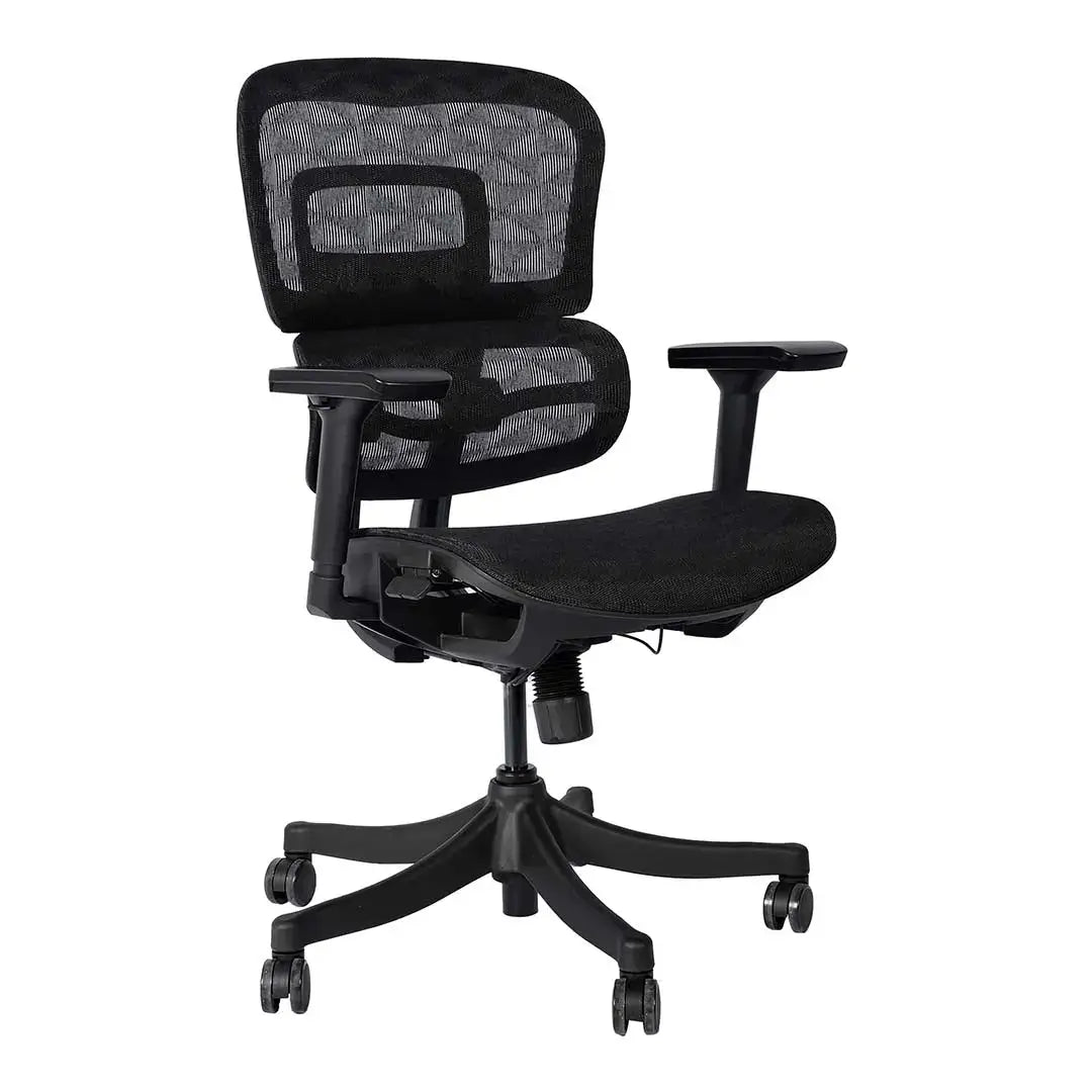 Black mesh back office chair with adjustable arms and five-wheel base for ergonomic office use