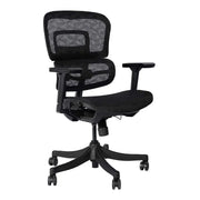 Black mesh back office chair with adjustable arms and five-wheel base for ergonomic office use