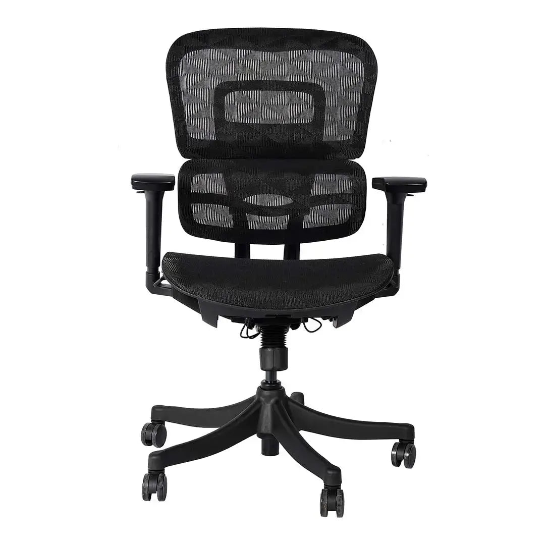Black mesh back office chair with adjustable arms and five-wheel base for ergonomic office use