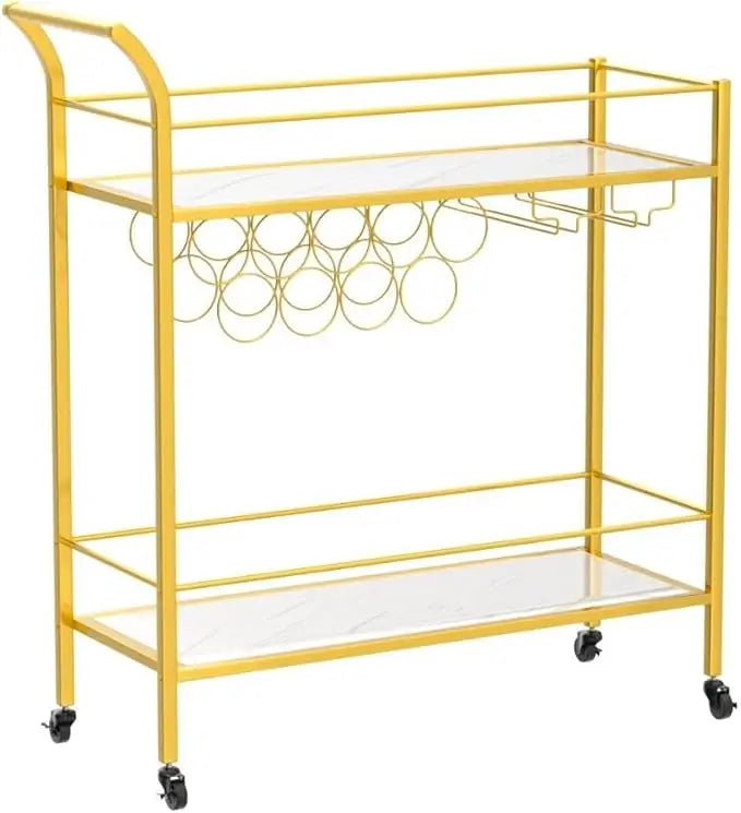 Bar Cart, Home Bar Serving Cart, 2 Tier Drink Cart with 9 Bottle Racks-GCC Home Center