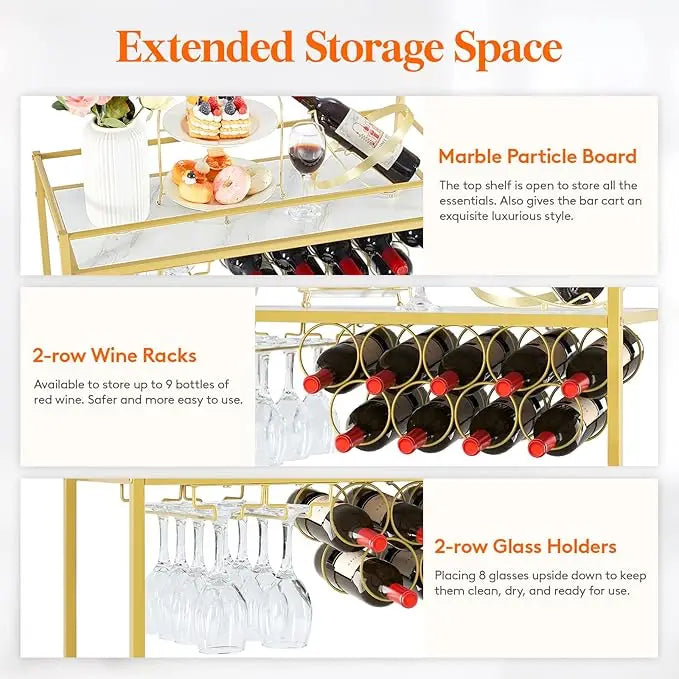 Bar Cart, Home Bar Serving Cart, 2 Tier Drink Cart with 9 Bottle Racks-GCC Home Center