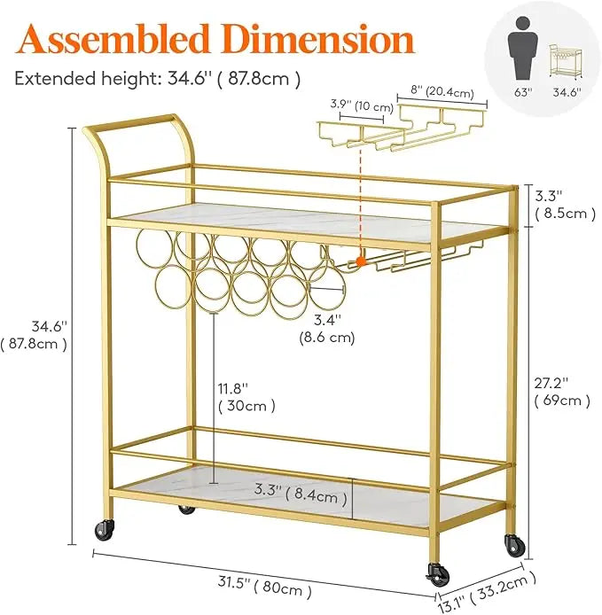 Bar Cart, Home Bar Serving Cart, 2 Tier Drink Cart with 9 Bottle Racks-GCC Home Center