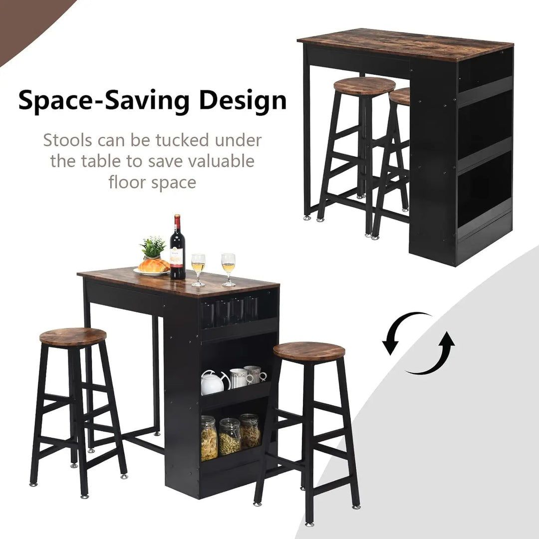 Bar Table and Chairs Set Wooden Counter Height Table Set with 2 Bar Stools, Industrial Bar Table Set with 3 Tier Adjustable Storage Shelves-GCC Home Center