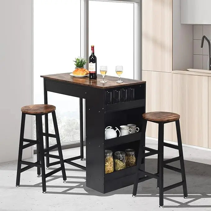 Bar Table and Chairs Set Wooden Counter Height Table Set with 2 Bar Stools, Industrial Bar Table Set with 3 Tier Adjustable Storage Shelves-GCC Home Center
