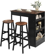 Bar Table and Chairs Set Wooden Counter Height Table Set with 2 Bar Stools, Industrial Bar Table Set with 3 Tier Adjustable Storage Shelves-GCC Home Center