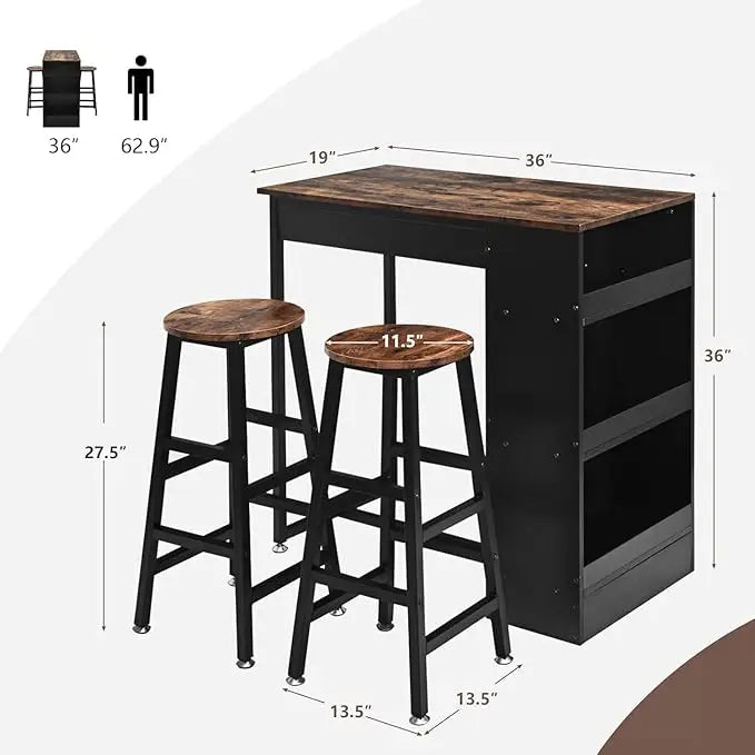Bar Table and Chairs Set Wooden Counter Height Table Set with 2 Bar Stools, Industrial Bar Table Set with 3 Tier Adjustable Storage Shelves-GCC Home Center