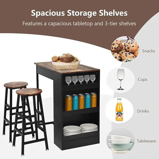 Bar Table and Chairs Set Wooden Counter Height Table Set with 2 Bar Stools, Industrial Bar Table Set with 3 Tier Adjustable Storage Shelves-GCC Home Center
