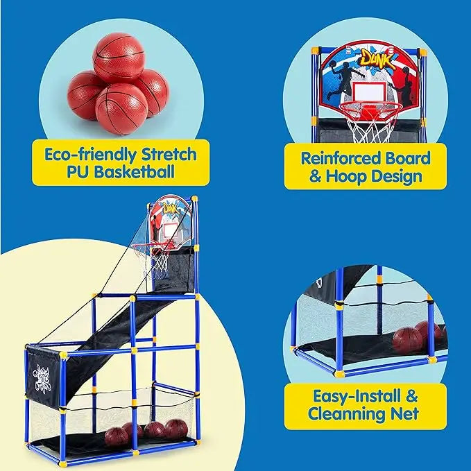 Basketball Game Set with 4 Balls and Hoop for Kids 3 to 12 Years Old Indoor Outdoor Sport Play-GCC Home Center