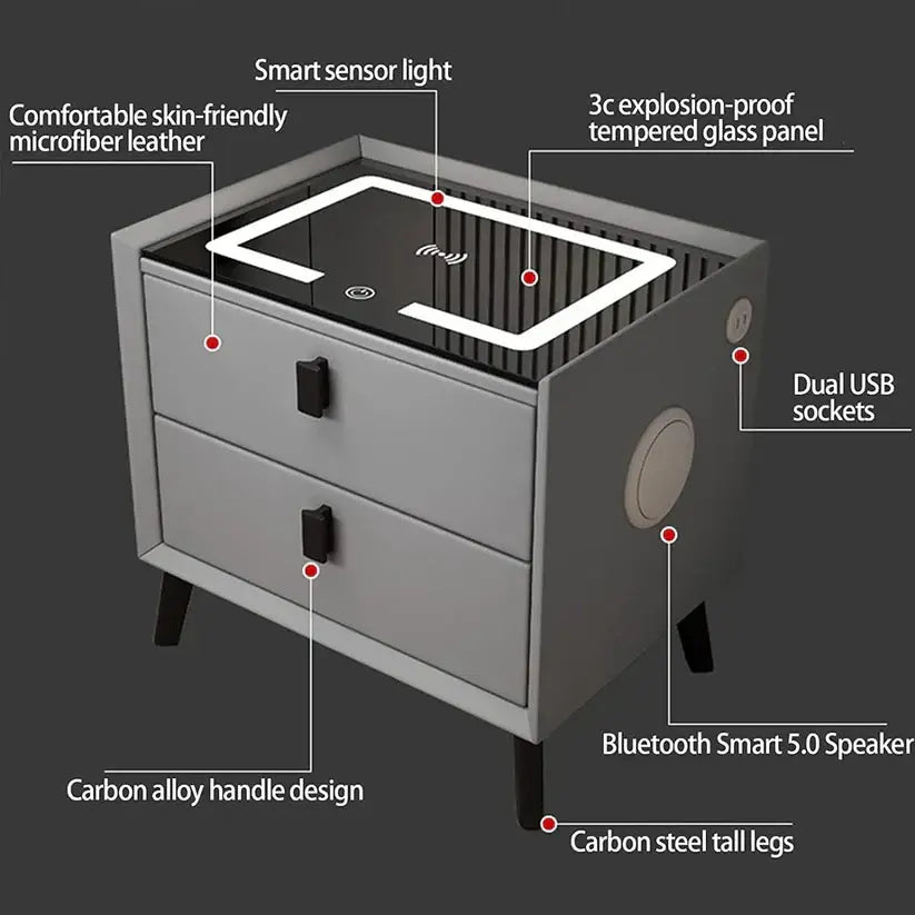Bedside Table with Three Drawers, Secure Fingerprint Lock Wireless Charging Speaker LED Light-GCC Home Center
