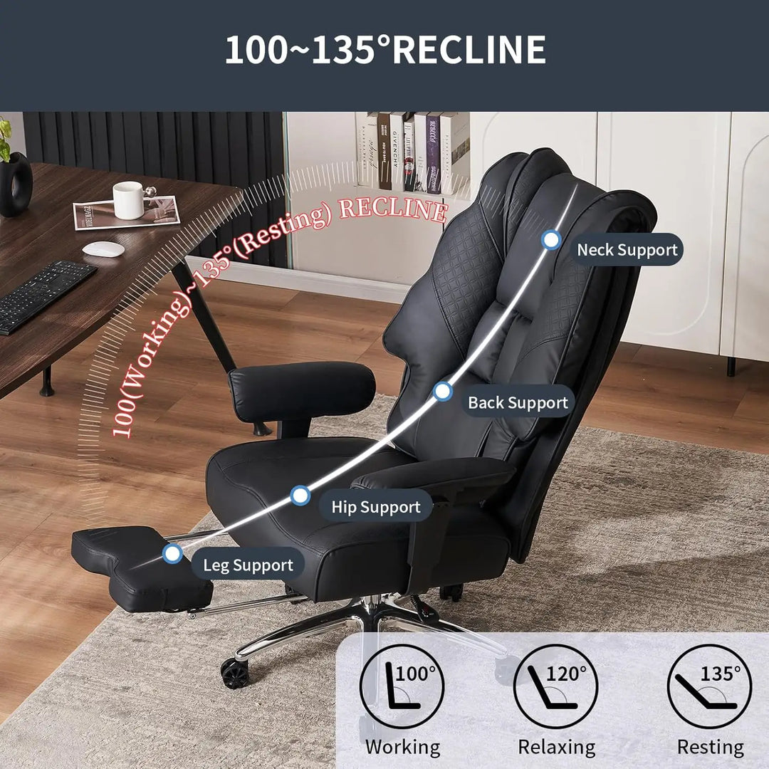 Black leather big and tall office chair with adjustable recline and built-in neck back hip and leg support
