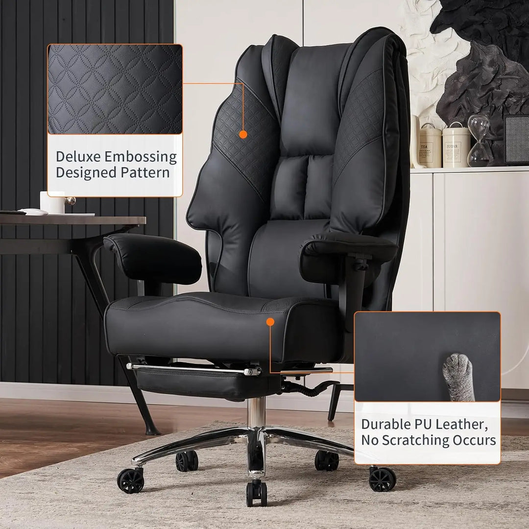 Black pu leather big and tall office chair with deluxe embossed design and scratch-resistant material