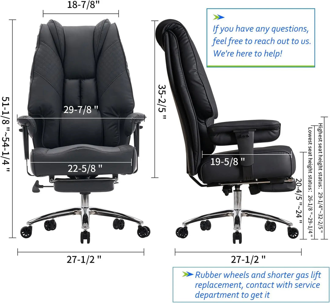 Black leather executive office chair with high back armrests and footrest wide seat ergonomic lumbar support