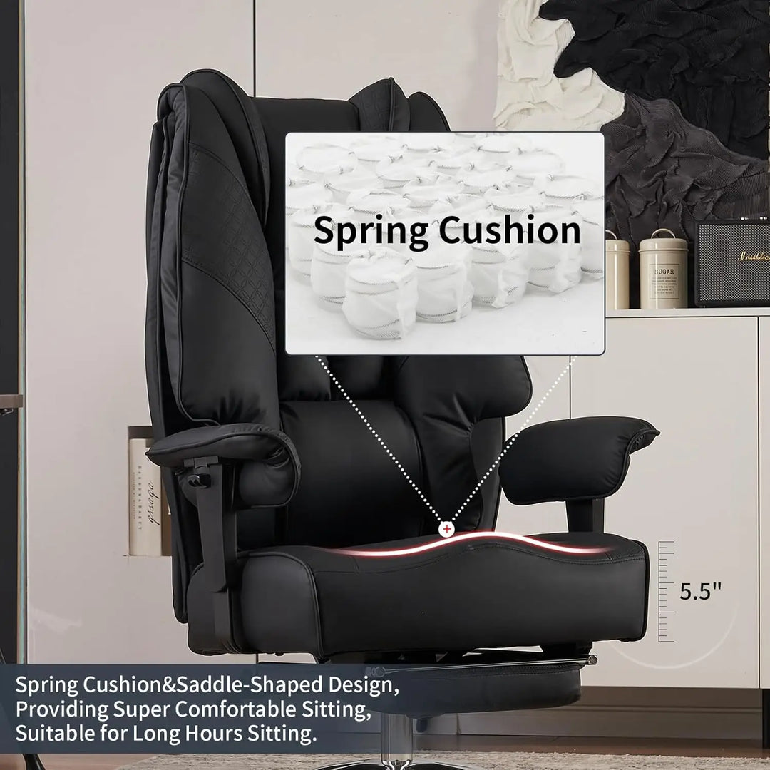 Black leather big and tall office chair with spring cushioning wide saddle seat and ergonomic lumbar support