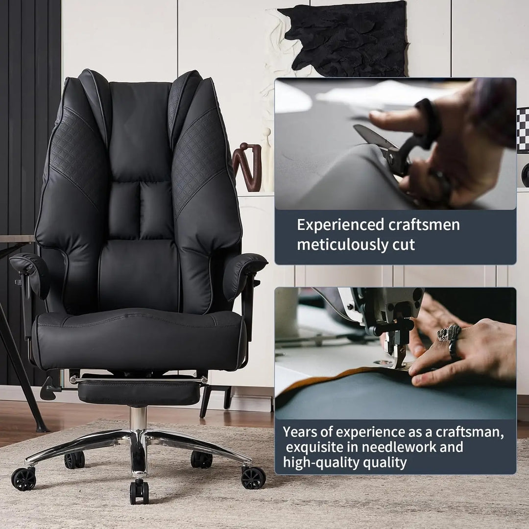 Big and tall black leather office chair with quilted detailing and chrome base ergonomic high back design