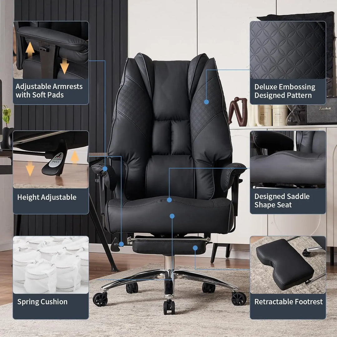 Black leather big and tall office chair with quilted embossing adjustable features and lumbar support for lower back pain relief